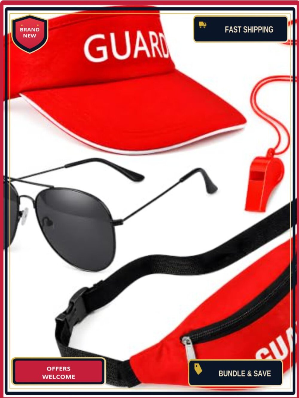Guard Costume Set 4 Pc Hat Fanny Pack Whistle Sunglasses Adult Cosplay